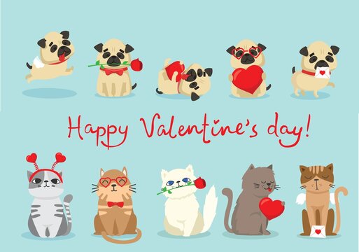 Vector illustration card with cute cartoon little Valentine cat and dog in love and funny greeting text Happy Valentine's Day