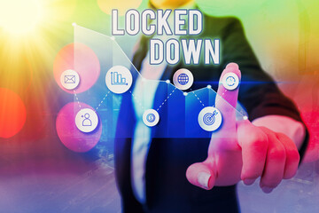 Text sign showing Locked Down. Business photo showcasing emergency measure which showing prevented from restricted area Arrow symbol going upward denoting points showing significant achievement