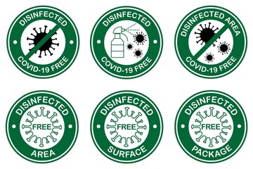 Obraz premium Coronavirus covid-19 free zone, area. Round sign, symbol for disinfected areas, surfaces of covid-19. Vector illustration isolated on white background for templates, baners, posters, stickers.