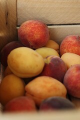 Fototapeta na wymiar Ripe peaches and apricots in a wooden box