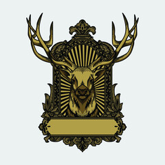 artwork illustration and t-shirt design deer in frame engraving ornament premium vector