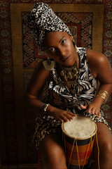 Cute African American Black Woman with tambourine