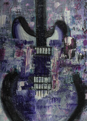 Guitar Oil Painting. Guitar on canvas. Violet abstract guitar. Background. Texture.