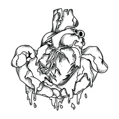 tattoo and t-shirt design black and white hand drawn bloody heart in hand premium vector