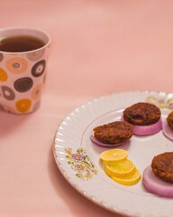 kebabs with onions and a cup of coffee
