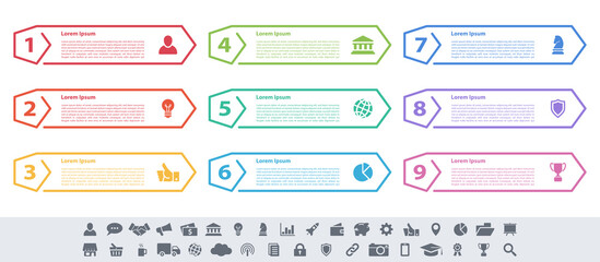 Infographic design business concept vector illustration with 9 steps or options or processes represent work flow or diagram or web button banner