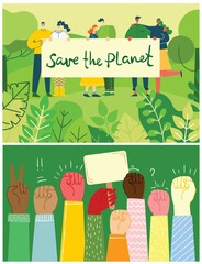 Vector illustrations with activists people holding placard on the nature, in the forest with green landscape veiw in the flat design and eco quote Save the planet