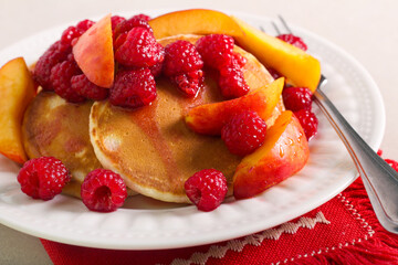 Raspberry and peach pancakes