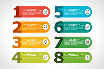 Vector Infographic label design template with icons and 8 options or steps.  Can be used for process diagram, presentations, workflow layout, banner, flow chart, info graph.