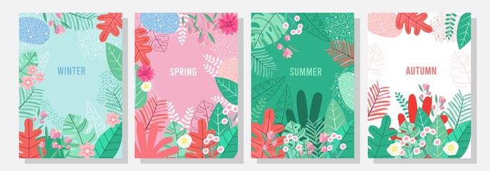 Vector set floral background, Nature background,Four seasons, template, banner, cover, templates, postcard.