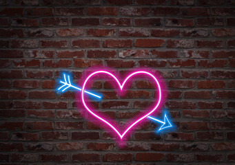 Hearth shape light neon on a brick wall