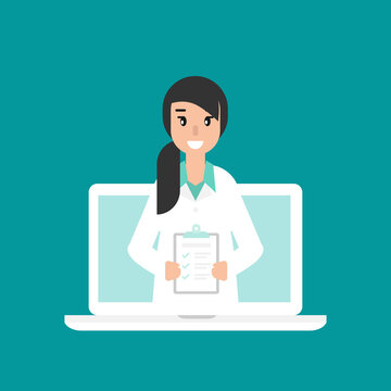 Smiling woman doctor with check list on the phone screen. Medical onsultation.