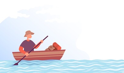 Tourist is sailing in a boat. Cartoon vector illustration.