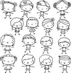 vector drawing cartoon kids set 