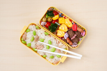 Japanese cuisine - Top view of traditional homemade Bento box with rice, meat, egg, fish, vegetables and grains. For children to take to school.