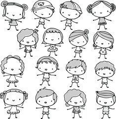 vector drawing cartoon kids set 