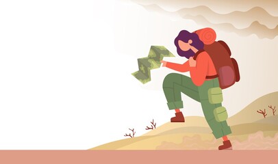 Tourist looks the way on the map. Cartoon vector illustration.