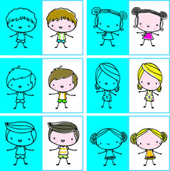 vector drawing cartoon kids set 