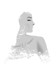 The head and shoulder of a beautiful woman are featured in a minimalist fashion and beauty illustration.