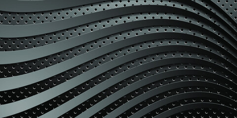 Dark technology background. Black perforated metal and waves texture. Abstract corporate background. Vector EPS10