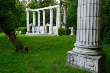 Greek Theatre columns and stage in the forest park of Guild Sculpture Gardens Toronto
