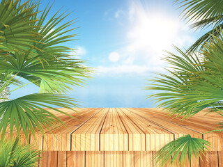 3D tropical landscape with wooden table and palm trees looking out to the ocean © Kirsty Pargeter