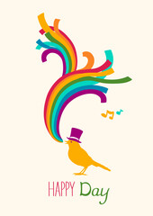 Rainbow and bird. Vector illustration. Happy day card.