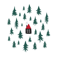 Cozy cabin in a pine forest design. Vector illustration
