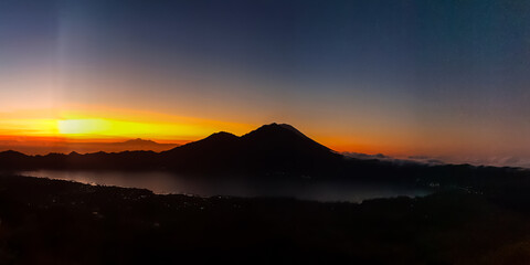 Sunrise panorama view from top of Batur volcano