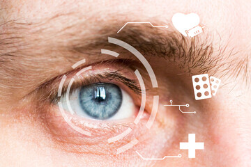 Eye monitoring and treatment on virtual online panel healthcare and medicine. Medical icons on the background of the eye.