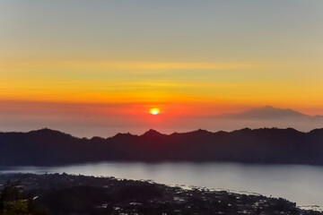 Sunrise panorama view from top of Batur volcano