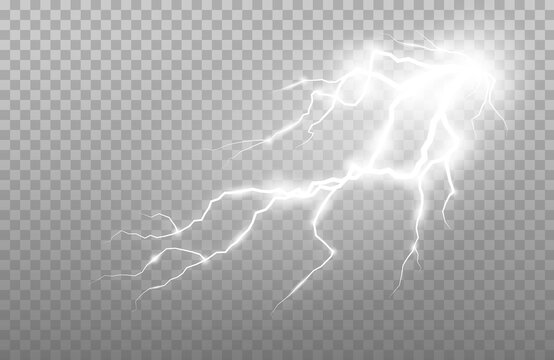 Realistic lightning and thunder strike. Electric discharge set of vector abstract illustration.