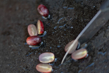 Cut red grapes on a black background