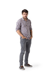 Hombre joven de camisa a cuadros remangada y pantalón de jean gris, con manos en los bolsillos en...