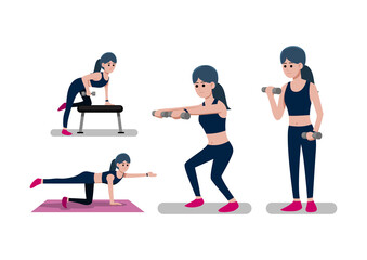 Vector set of woman doing workout lifting dumbbell in weight training and bodyweight, flat style design vector illustration on white background, isolated
