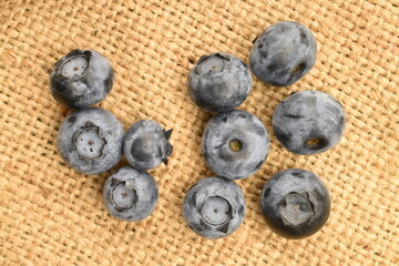 Ripe juicy organic blueberries, close-up, on a jute fabric.