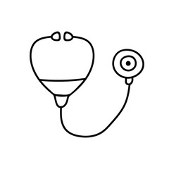 Vector illustration of a hand drawn medical stethoscope.Line,outline diagnostic appliances,device.Isolated on white background.for web,design,graphic.Doodle hospital,cardiology tool.Sound of heartbeat