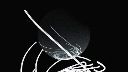 Many random neon lines are woven into a large spiral around a sphere, 3d rendering. Computer generated abstract background