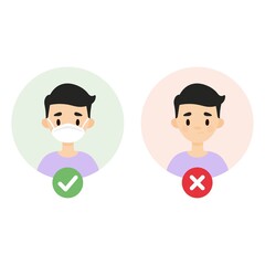 Cute boy wearing a face mask. Set of two images showing how to prevent spreading viruses and bacteria.