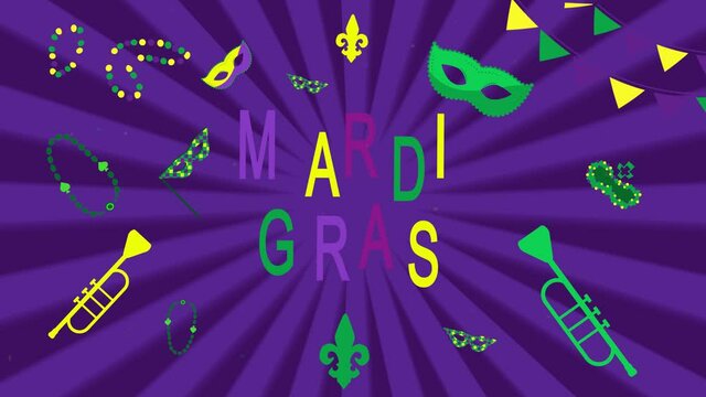 Mardi Gras text with party decorations