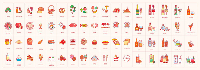 Colorful food, drinks and beverages icon set isolated on background