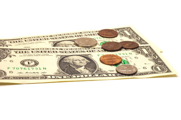 one american dollars and cents coins on white background, isolated closeup, selective focus 