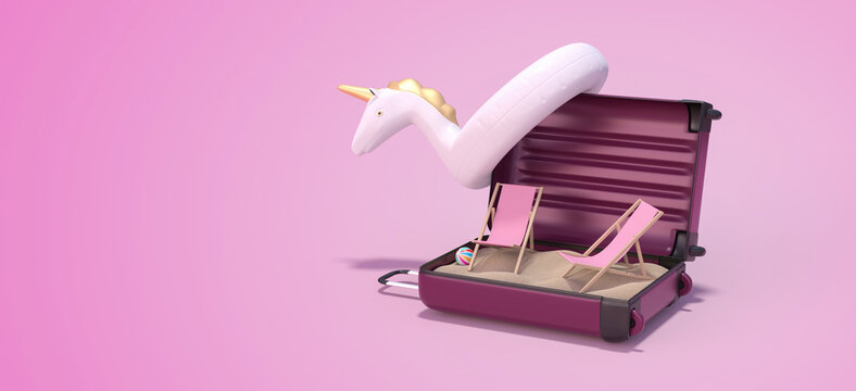 valise ouverte avec bou&eacute;e licorne et transats dans le sable sur fond rose