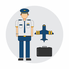 vector illustration of a pilot wearing a white shirt, blue pants and a black suitcase and an airplane