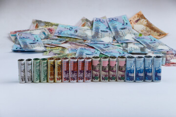 Doha, Qatar - May 03, 2020: Currencies and money exchange trading concepts. Qatari 500 ,100,50,10,5,1 Riyals Bank Note .& Coins ,Qatari Currency roll .