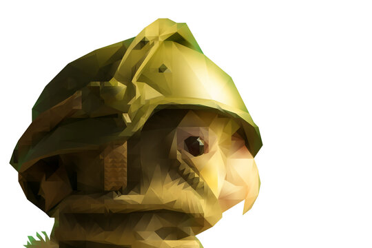 Calopsita com fantasia militar. Passarinho de capacete e balaclava do exército. Retrato de perfil de ave fantasiada.