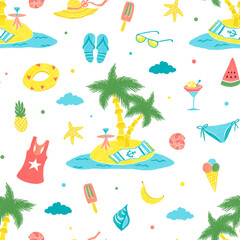 Summer beach holiday elements seamless pattern with ice cream, watermelon and palm