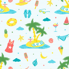 Summer pattern of hand drawn illustrations. Palm, island, ice cream, watermelon, pineapple.