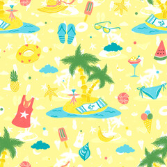 Colorful seamless summer pattern with beach elements. Palm, watermelon, ice cream, swim, sand.