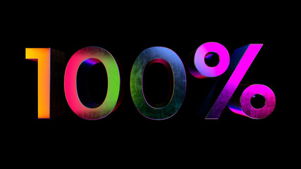 3d rendering of iridescent one hundred percent off discount. Holographic 100  number and percent on black background.